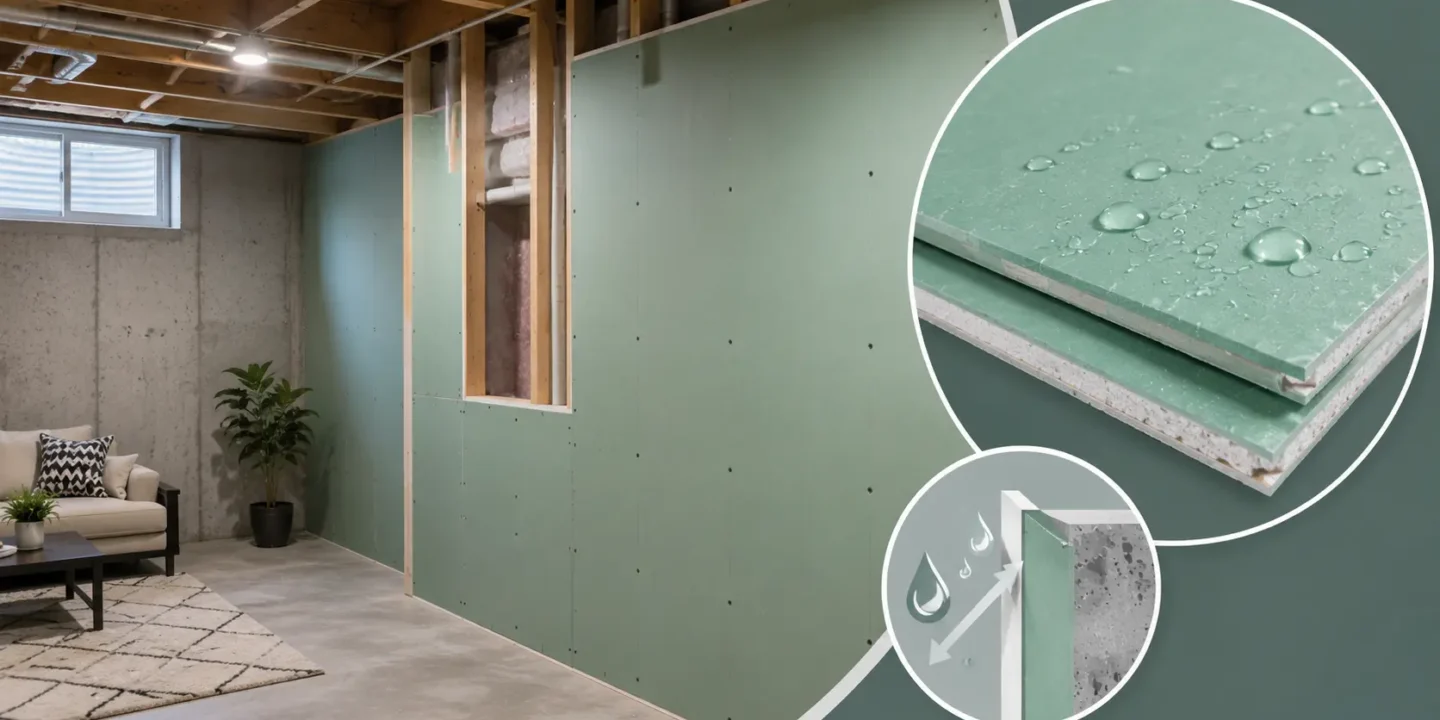 Blog featured image guide on moisture resistant drywall for basement walls, showcasing a finished basement living space with green board panels installed against concrete walls, alongside an inset diagram demonstrating vapor and moisture protection.