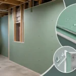 Blog featured image guide on moisture resistant drywall for basement walls, showcasing a finished basement living space with green board panels installed against concrete walls, alongside an inset diagram demonstrating vapor and moisture protection.