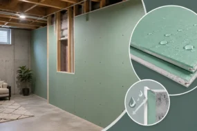 Blog featured image guide on moisture resistant drywall for basement walls, showcasing a finished basement living space with green board panels installed against concrete walls, alongside an inset diagram demonstrating vapor and moisture protection.