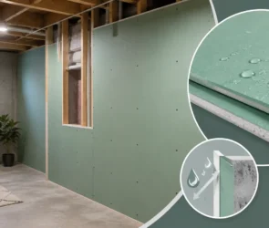 Blog featured image guide on moisture resistant drywall for basement walls, showcasing a finished basement living space with green board panels installed against concrete walls, alongside an inset diagram demonstrating vapor and moisture protection.