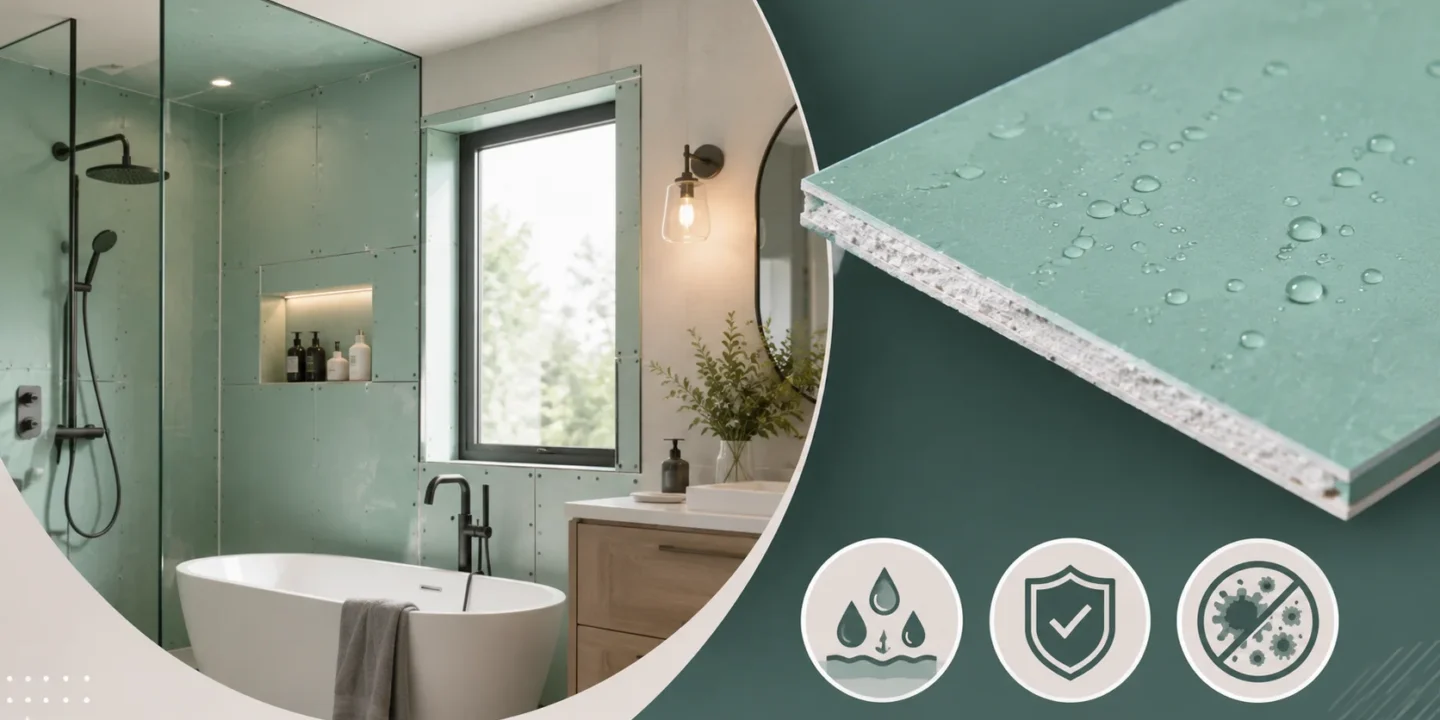 Blog featured image guide on moisture resistant drywall for bathrooms, showing a modern bathroom under construction with green board drywall installed around a tub, alongside a macro inset of a water-resistant drywall panel with water droplets on the surface.