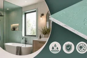 Blog featured image guide on moisture resistant drywall for bathrooms, showing a modern bathroom under construction with green board drywall installed around a tub, alongside a macro inset of a water-resistant drywall panel with water droplets on the surface.