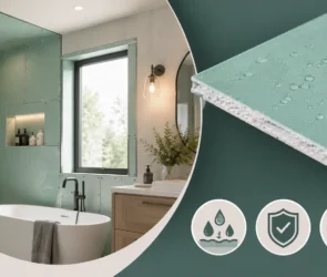 Blog featured image guide on moisture resistant drywall for bathrooms, showing a modern bathroom under construction with green board drywall installed around a tub, alongside a macro inset of a water-resistant drywall panel with water droplets on the surface.