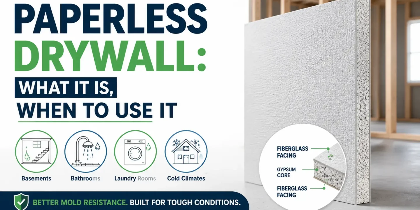 Title graphic for a guide on paperless drywall, showing a cross-section of fiberglass facing and gypsum core, with icons for basements, bathrooms, laundry rooms, and cold climates.