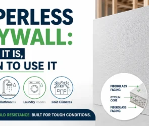 Title graphic for a guide on paperless drywall, showing a cross-section of fiberglass facing and gypsum core, with icons for basements, bathrooms, laundry rooms, and cold climates.