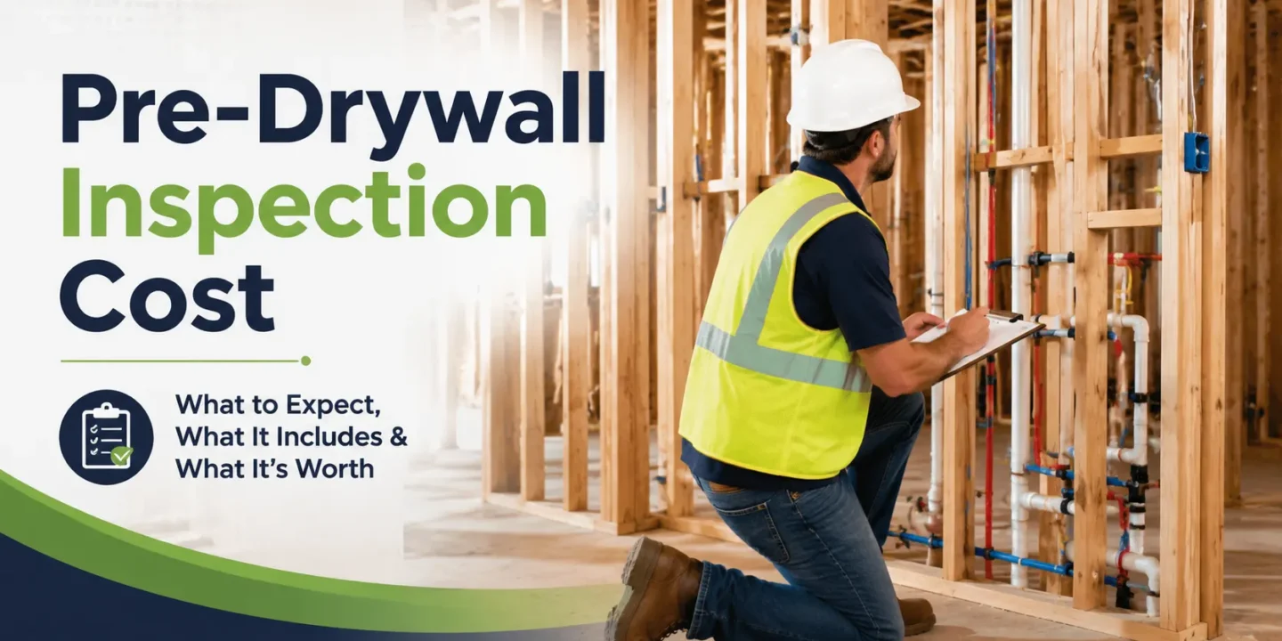 Blog featured image about pre-drywall inspection cost, showing a home inspector in a hard hat and safety vest taking notes on a clipboard in front of exposed wall framing and plumbing