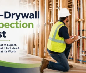 Blog featured image about pre-drywall inspection cost, showing a home inspector in a hard hat and safety vest taking notes on a clipboard in front of exposed wall framing and plumbing