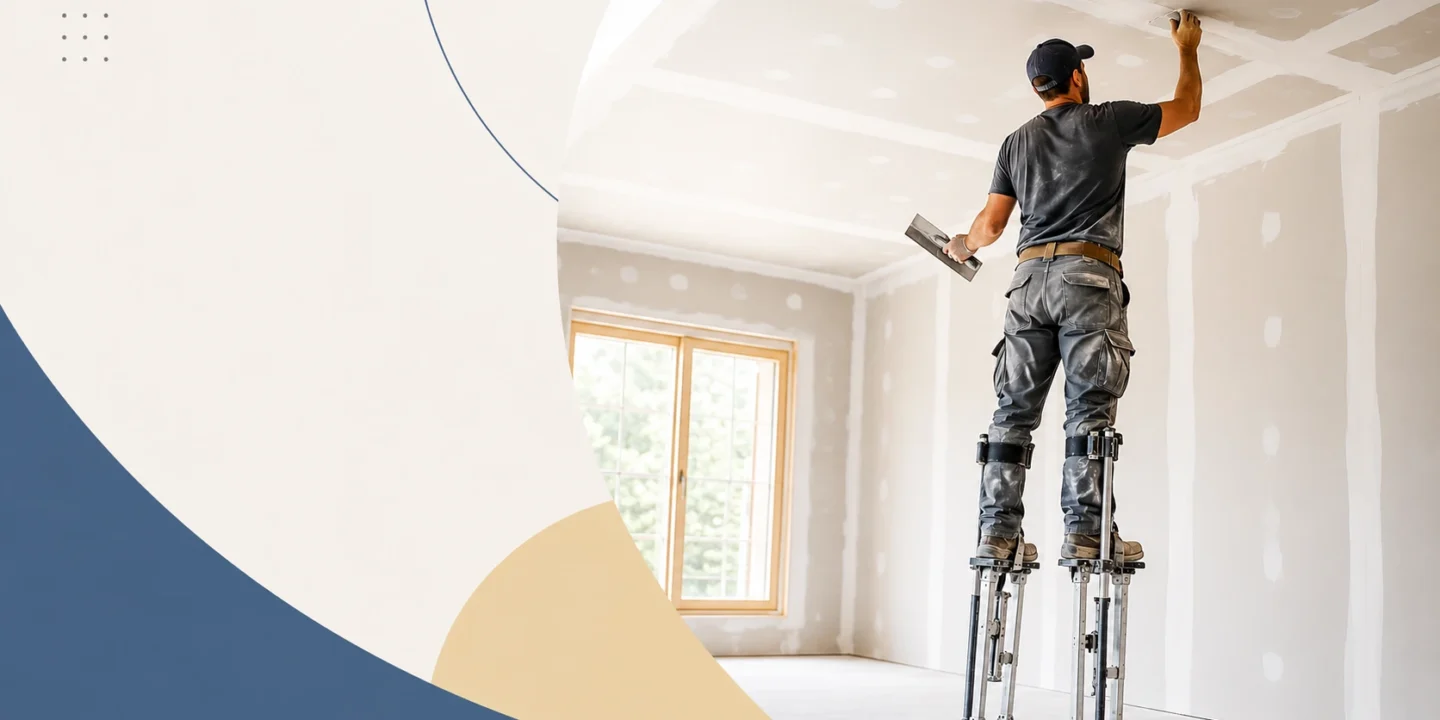 A professional drywall contractor standing on aluminum stilts while taping and mudding a ceiling in a newly constructed room