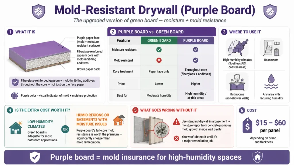 Infographic for mold‑resistant drywall (purple board). Fiberglass‑reinforced gypsum with mold‑inhibiting additives throughout core (not just face paper). Comparison vs green board: both moisture resistant; purple board adds mold resistance, core treatment (green board is paper‑face only), higher price. Where to use: high‑humidity climates (Southeast, coastal), basements, bathrooms (non‑shower), any recurring humidity. Cost worth it? Low humidity = green board adequate. Humid regions/basements = purple board worth premium — cheaper than mold remediation. Without it: standard drywall in basement hides mold growth until major remediation. Cost: $15–$60 per panel.