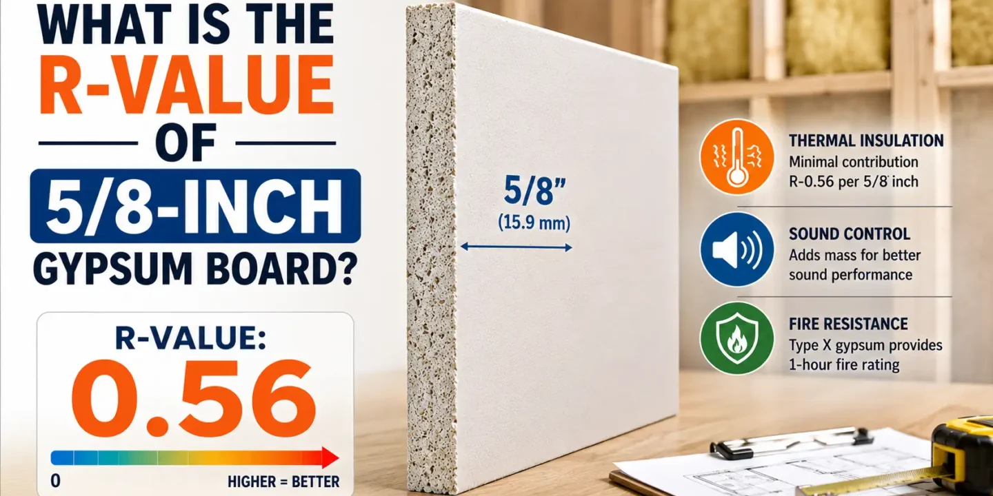 Technical infographic for 5/8-inch gypsum board showing an R-value of 0.56, highlighting its minimal thermal insulation contribution, improved sound control through added mass, and its 1-hour fire rating with Type X gypsum.