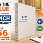 Technical infographic for 5/8-inch gypsum board showing an R-value of 0.56, highlighting its minimal thermal insulation contribution, improved sound control through added mass, and its 1-hour fire rating with Type X gypsum.