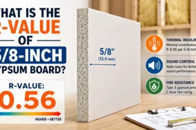 Technical infographic for 5/8-inch gypsum board showing an R-value of 0.56, highlighting its minimal thermal insulation contribution, improved sound control through added mass, and its 1-hour fire rating with Type X gypsum.