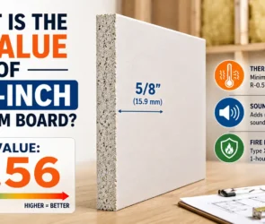 Technical infographic for 5/8-inch gypsum board showing an R-value of 0.56, highlighting its minimal thermal insulation contribution, improved sound control through added mass, and its 1-hour fire rating with Type X gypsum.