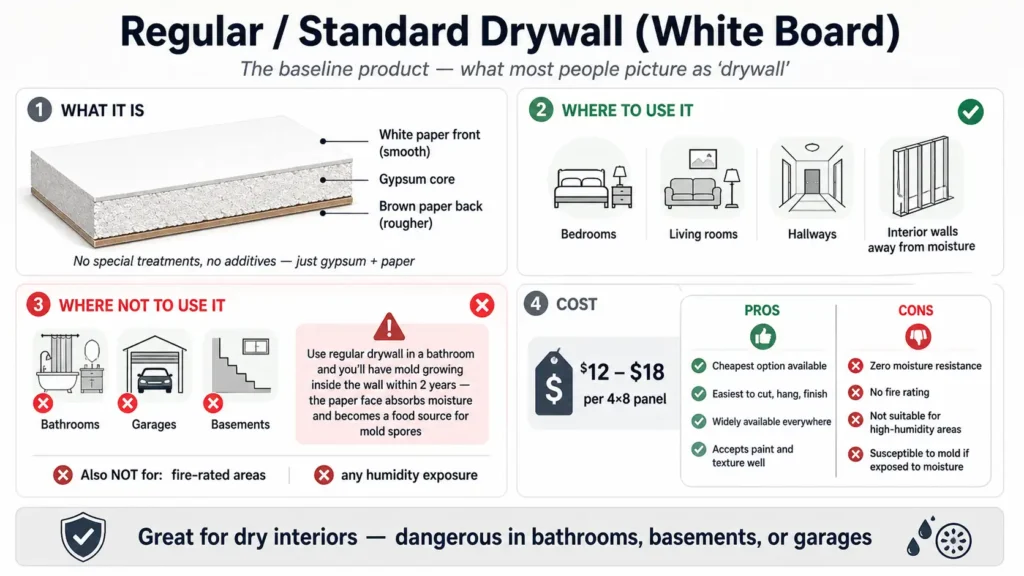 Product spotlight infographic for regular/standard drywall (white board). Gypsum core with white paper front and brown paper back — no special treatments. Where to use: bedrooms, living rooms, hallways, interior walls away from moisture. Where NOT to use: bathrooms, garages, basements, fire‑rated areas, or any humidity — warning: mold can grow within 2 years in bathrooms. Cost: $12–$18 per 4×8 panel. Pros: cheapest, easiest to finish, widely available. Cons: zero moisture resistance, no fire rating, mold susceptible.