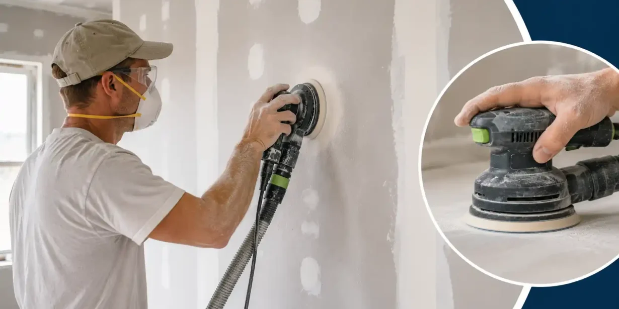 Blog featured image guide on sanding drywall with an orbital sander, showing a worker wearing safety glasses and a respirator mask using a handheld random orbital sander with a vacuum hose attachment on a mudded wall seam, with a close-up inset of the sanding pad.