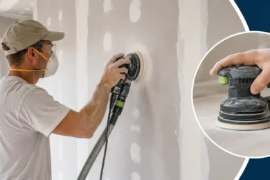 Blog featured image guide on sanding drywall with an orbital sander, showing a worker wearing safety glasses and a respirator mask using a handheld random orbital sander with a vacuum hose attachment on a mudded wall seam, with a close-up inset of the sanding pad.