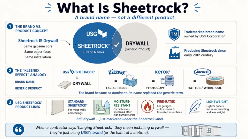 Infographic explaining Sheetrock is a trademarked brand name for drywall, owned by USG Corporation. Uses brand vs product analogy: Sheetrock is to drywall as Kleenex is to facial tissue. Shows USG product lines: standard, moisture‑resistant, fire‑rated, and lightweight — all still drywall. Bottom quote clarifies contractors use "Sheetrock" as a generic term out of habit.