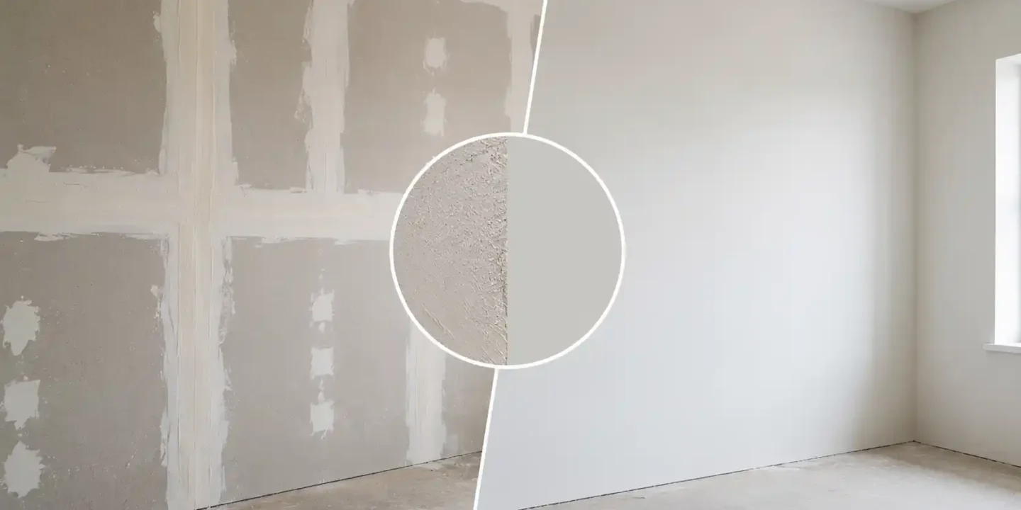 Blog featured image showing a skim coat before and after transformation, with a side-by-side comparison of an unfinished, taped drywall wall next to a perfectly smooth, level 5 finished wall, featuring a circular inset detailing the raw wall texture versus the smooth skimmed surface.