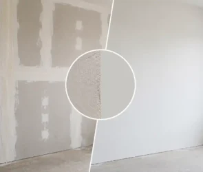 Blog featured image showing a skim coat before and after transformation, with a side-by-side comparison of an unfinished, taped drywall wall next to a perfectly smooth, level 5 finished wall, featuring a circular inset detailing the raw wall texture versus the smooth skimmed surface.