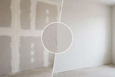 Blog featured image showing a skim coat before and after transformation, with a side-by-side comparison of an unfinished, taped drywall wall next to a perfectly smooth, level 5 finished wall, featuring a circular inset detailing the raw wall texture versus the smooth skimmed surface.