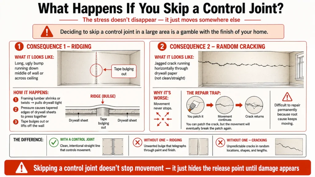 Infographic showing consequences of skipping drywall control joints. Consequence 1: Ridging — long ugly bump down wall or ceiling. Framing shrinkage/twisting pulls drywall tight, tapered edges press together, tape bulges or lifts. Consequence 2: Random cracking — jagged horizontal cracks through drywall paper. Movement never stops, so patches break again. Bottom warning: skipping a control joint doesn't stop movement — it just hides the release point until damage appears.