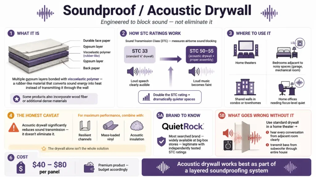 Infographic for soundproof/acoustic drywall. Engineered with multiple gypsum layers bonded with viscoelastic polymer — converts sound energy to heat. STC ratings explained: standard ½" drywall = STC 33 (loud speech audible); acoustic drywall + proper assembly = STC 50‑55 (loud music faint). Where to use: home theaters, bedrooms near noisy spaces, condo/townhome shared walls, home offices. Caveat: reduces but doesn't eliminate sound — best with resilient channels, mass‑loaded vinyl, acoustic insulation. QuietRock is leading brand. Without it: standard drywall in home theater transmits conversations and bass. Cost: $40–$80 per panel.
