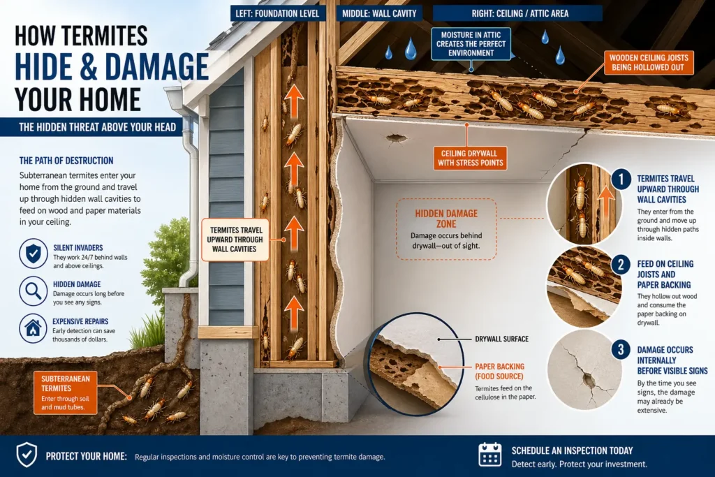 Infographic showing how subterranean termites enter through soil and mud tubes, travel up wall cavities, and hollow out wooden ceiling joists and drywall paper backing, causing hidden damage above ceilings before visible signs appear.
