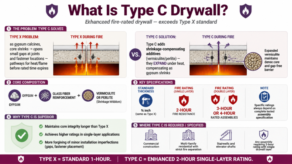 Technical infographic for Type C enhanced fire‑rated drywall. Problem Type C solves: Type X shrinks under fire, opening gaps at joints/fasteners for heat/flame. Type C adds vermiculite/perlite shrinkage inhibitors that EXPAND under heat, compensating as gypsum shrinks — keeps core dense and gap‑free longer. Core: gypsum + glass fibers + vermiculite/perlite. Specs: ⅝ inch thick, single layer typically 2‑hour rating, double layer 3‑4 hour ratings (depends on tested assembly). Why superior: longer core integrity, higher single‑layer ratings, more forgiving of installation imperfections. Where required: commercial, multi‑family strict fire separation, stairwells, elevator shafts, any 2‑hour single‑layer assembly.