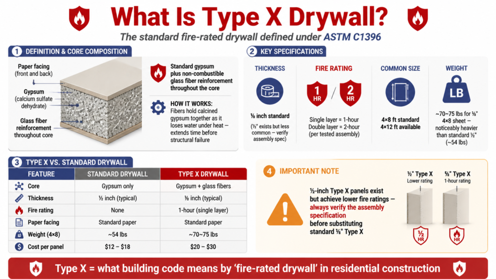 Technical infographic for Type X fire‑rated drywall (ASTM C1396). Core: gypsum + non‑combustible glass fiber reinforcement throughout — fibers hold calcined gypsum together under heat, extending time before structural failure. Specs: ⅝ inch standard thickness, single layer = 1‑hour fire rating, double layer = 2‑hour rating, 4×8 ft common size, weight ~70‑75 lbs per sheet. Comparison vs standard drywall: standard has gypsum only, ½", no fire rating, ~54 lbs, $12‑18; Type X has glass fibers, ⅝", 1‑hour, ~70‑75 lbs, $20‑30. Note: ½" Type X exists but has lower ratings — verify assembly spec.