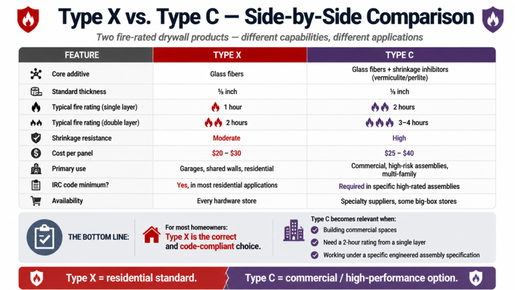 Comparison table for Type X vs Type C fire‑rated drywall. Type X: glass fibers only, ⅝ inch, 1‑hour single layer / 2‑hour double layer, moderate shrinkage resistance, $20‑30 per panel, primary use garages/shared walls/residential, IRC code minimum yes, available everywhere. Type C: glass fibers + shrinkage inhibitors (vermiculite/perlite), ⅝ inch, 2‑hour single layer / 3‑4 hour double layer, high shrinkage resistance, $25‑40 per panel, primary use commercial/high‑risk/multi‑family, required only in specific high‑rated assemblies, available at specialty suppliers. Bottom line: Type X for most homeowners (code‑compliant); Type C for commercial, 2‑hour single‑layer needs, or engineered specs.