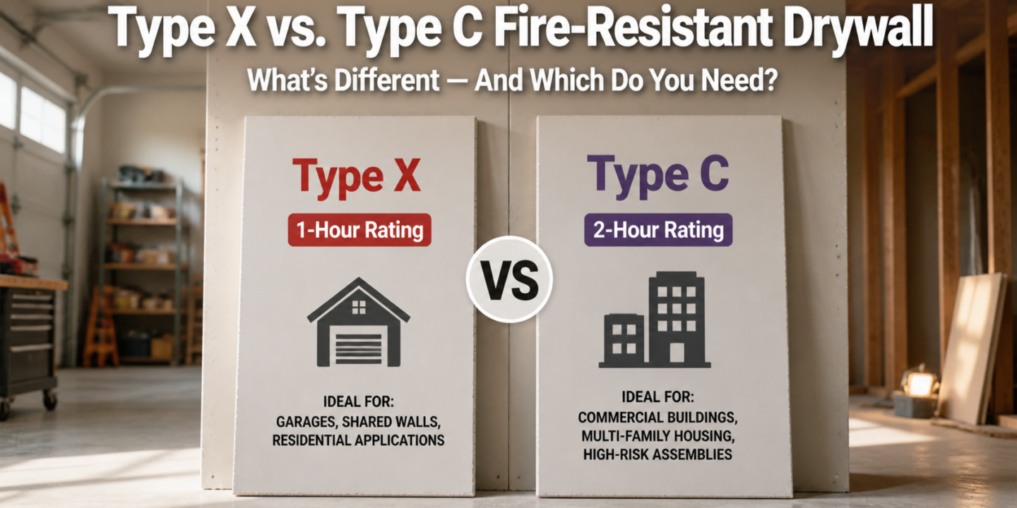Featured Image: Comparison infographic of Type X and Type C fire-resistant drywall showing Type X with a 1-hour fire rating for garages and residential walls, and Type C with a 2-hour fire rating for commercial buildings, multi-family housing, and high-risk assemblies