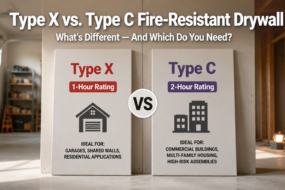 Featured Image: Comparison infographic of Type X and Type C fire-resistant drywall showing Type X with a 1-hour fire rating for garages and residential walls, and Type C with a 2-hour fire rating for commercial buildings, multi-family housing, and high-risk assemblies
