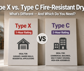 Featured Image: Comparison infographic of Type X and Type C fire-resistant drywall showing Type X with a 1-hour fire rating for garages and residential walls, and Type C with a 2-hour fire rating for commercial buildings, multi-family housing, and high-risk assemblies