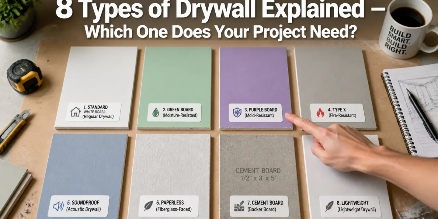 Infographic showing 8 types of drywall including standard white board, green board, purple board, Type X fire-resistant, soundproof drywall, paperless fiberglass-faced, cement board, and lightweight drywall for choosing the right material for your project