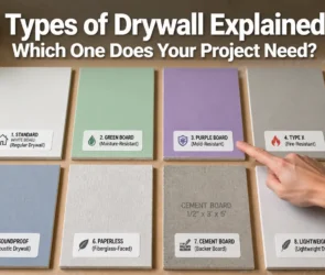 Infographic showing 8 types of drywall including standard white board, green board, purple board, Type X fire-resistant, soundproof drywall, paperless fiberglass-faced, cement board, and lightweight drywall for choosing the right material for your project