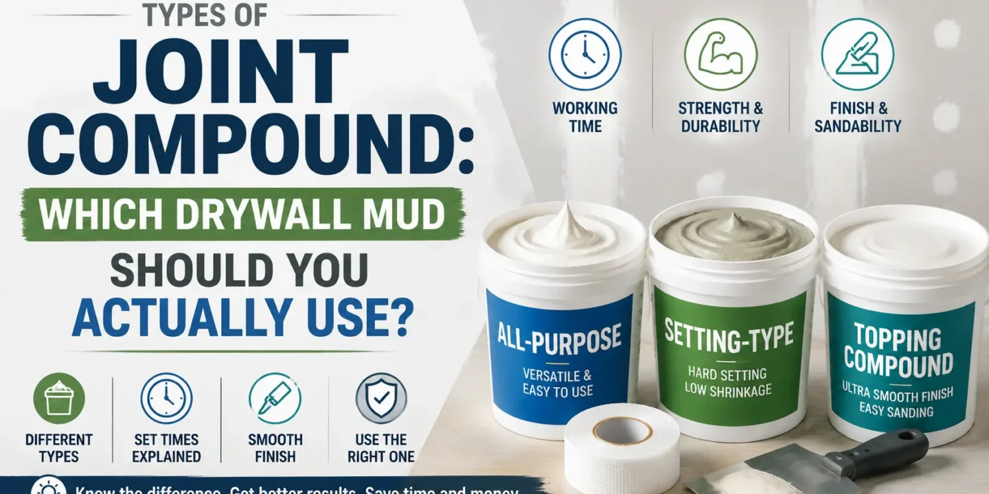 Educational infographic titled "Types of Joint Compound" comparing All-Purpose, Setting-Type, and Topping compounds based on working time, strength, and sandability.