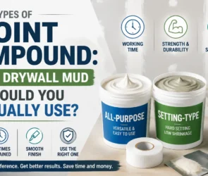 Educational infographic titled "Types of Joint Compound" comparing All-Purpose, Setting-Type, and Topping compounds based on working time, strength, and sandability.