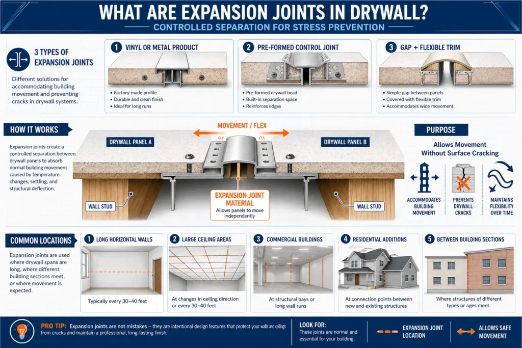 Drywall expansion joint guide: types (vinyl, control joint, flexible trim), how they allow panel movement, and common locations like long walls and ceilings to prevent cracks.