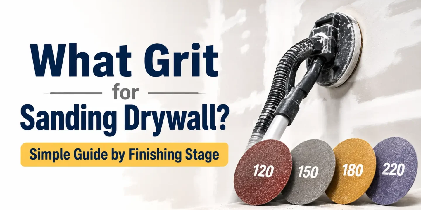 Blog featured image guide on what grit for sanding drywall, showing an electric drywall sander against a wall next to four sanding discs labeled with 120, 150, 180, and 220 grit sizes
