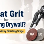 Blog featured image guide on what grit for sanding drywall, showing an electric drywall sander against a wall next to four sanding discs labeled with 120, 150, 180, and 220 grit sizes