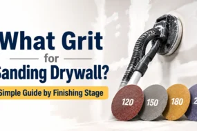 Blog featured image guide on what grit for sanding drywall, showing an electric drywall sander against a wall next to four sanding discs labeled with 120, 150, 180, and 220 grit sizes
