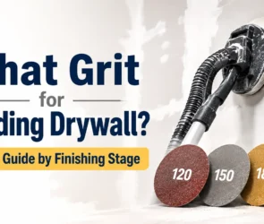 Blog featured image guide on what grit for sanding drywall, showing an electric drywall sander against a wall next to four sanding discs labeled with 120, 150, 180, and 220 grit sizes