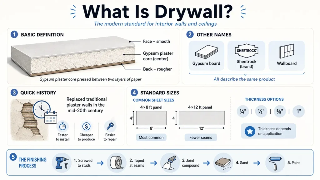 Infographic explaining what drywall is: gypsum plaster core pressed between smooth paper face and rougher paper back. Also called gypsum board, Sheetrock (brand), or wallboard. Replaced plaster walls in mid-20th century — faster, cheaper, easier to repair. Standard sheet sizes: 4×8 ft (most common) and 4×12 ft (fewer seams). Thickness options: 1/4", 1/2", 5/8", 1". Bottom shows finishing flow: screw to studs → tape seams → joint compound → sand → paint.