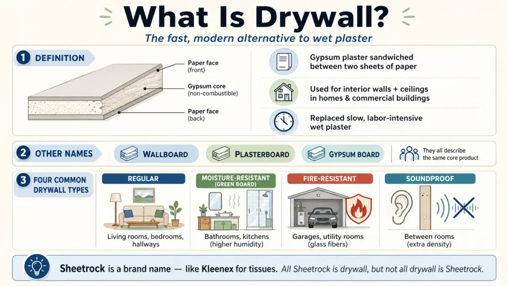 Introductory infographic explaining what drywall is: gypsum plaster between two paper sheets, used for interior walls and ceilings. Alternative names: wallboard, plasterboard, gypsum board. Shows four common types: regular (living rooms), moisture‑resistant green board (bathrooms/kitchens), fire‑resistant (garages/utility rooms), and soundproof (between rooms). Bottom note clarifies Sheetrock is a brand name.
