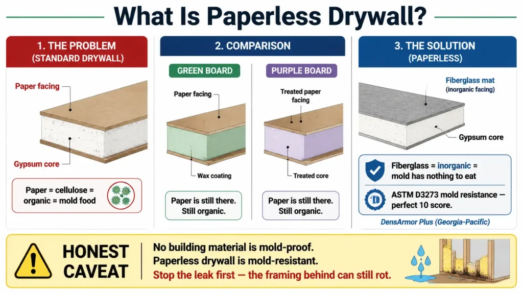 A comparative diagram explaining what paperless drywall is, showing the difference between standard drywall, green board, purple board, and fiberglass mat drywall in terms of mold resistance.