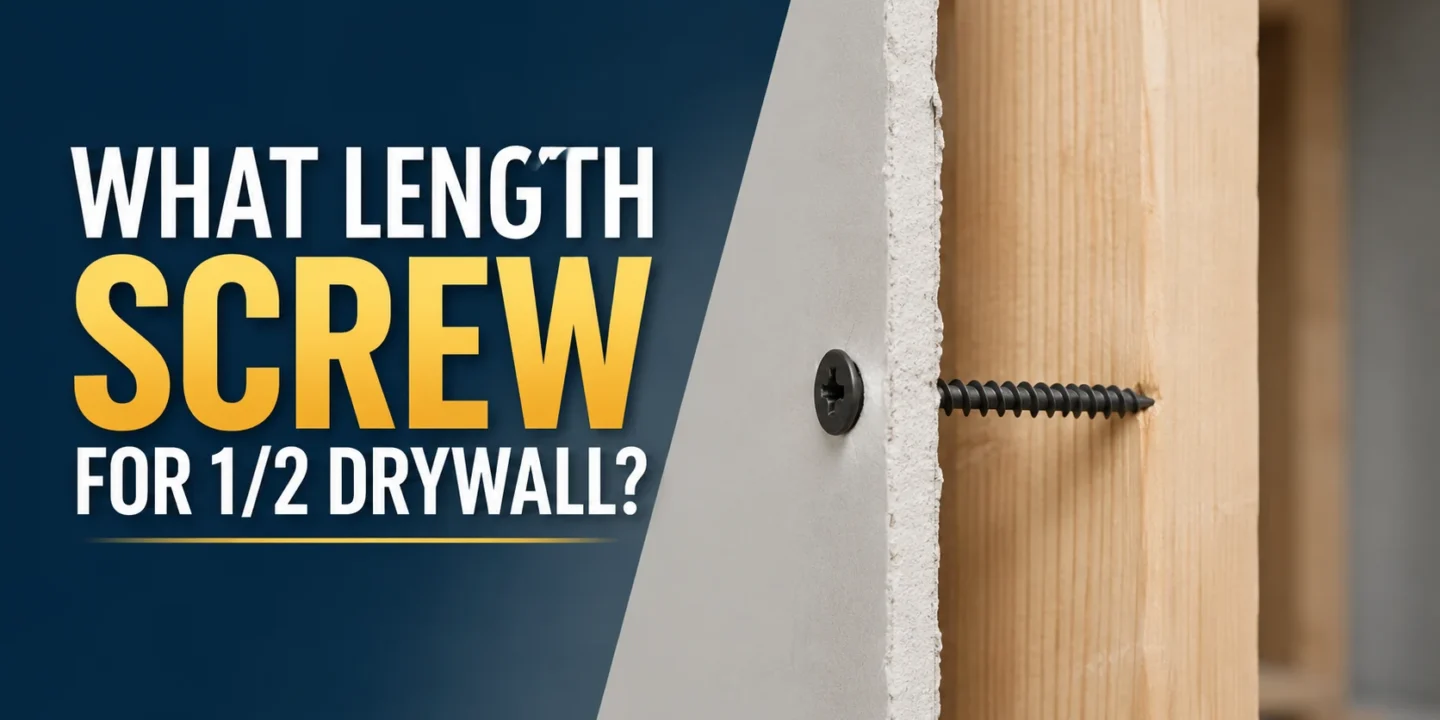 Blog featured image addressing what length screw for 1/2 drywall, showing a cross-section diagram of a drywall screw penetrating a half-inch drywall panel and driving into a wooden stud.