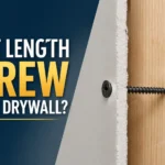Blog featured image addressing what length screw for 1/2 drywall, showing a cross-section diagram of a drywall screw penetrating a half-inch drywall panel and driving into a wooden stud.