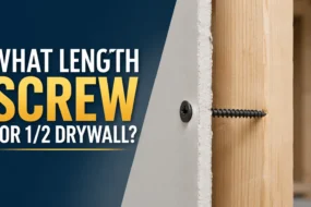 Blog featured image addressing what length screw for 1/2 drywall, showing a cross-section diagram of a drywall screw penetrating a half-inch drywall panel and driving into a wooden stud.