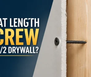 Blog featured image addressing what length screw for 1/2 drywall, showing a cross-section diagram of a drywall screw penetrating a half-inch drywall panel and driving into a wooden stud.