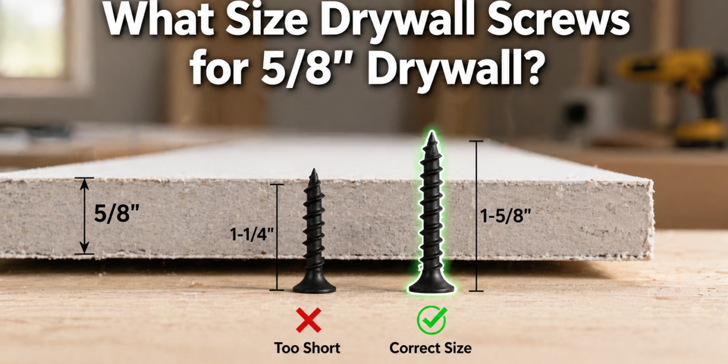 Featured image showing correct drywall screw size for 5/8 inch drywall – 1-5/8 inch screws are correct, while 1-1/4 inch screws are too short